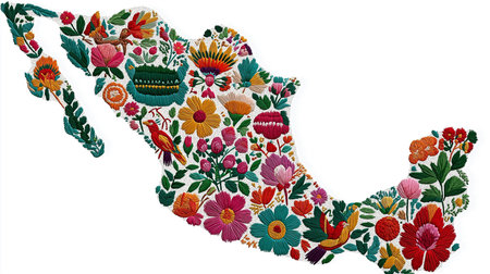 Vibrant illustration of a Mexico map silhouette filled with colorful embroidered floral and bird motifs. This folk art design represents the rich cultural heritage and artistic traditions of Mexico.の素材