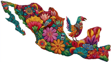Stunning floral mexico map illustration featuring colorful birds and a skull, showcasing vibrant mexican folk art design perfect for cultural themes and decorative projects. Beautiful floralの素材
