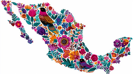 A vibrant and colorful floral mexico map illustration featuring native birds and traditional patterns. This artwork captures the essence of Mexican culture. Beautiful design on white background.の素材