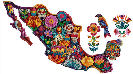 This vibrant image showcases a colorful Mexico map adorned with flowers and skulls. A beautiful folkloric decoration captures the essence of Mexican culture and tradition. This artwork features aの素材