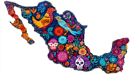 Detailed and vibrant illustration of the Mexico map adorned with folk art inspired flora and fauna. Featuring bright colors, floral patterns, birds and traditional skulls in a decorative style. Aの素材