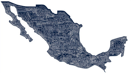 Detailed artistic illustration of a Mexico map featuring cityscapes and cultural landmarks. This outline map of Mexico presents an intricate representation ideal for travel and design projects.の素材