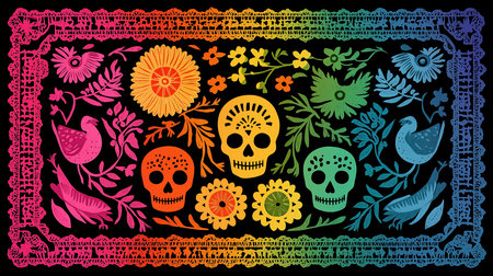 Vibrant illustration featuring a mexico map design with colorful sugar skulls and flowers, reminiscent of Day of the Dead celebrations. The intricate details and rainbow gradient create a festiveの素材