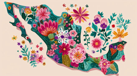 Artistic and vibrant floral illustration of a Mexico map. Beautiful botanical design showcases the Mexican territory filled with colorful flowers. A delightful artwork combining geography andの素材