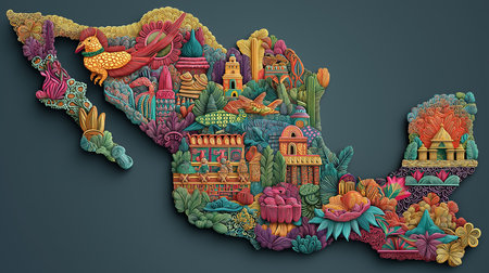 Explore a detailed Mexico map, showcasing a vibrant topographical relief with culturally rich Mexican elements. This decorative artwork features iconic landmarks and intricate designs. Discover theの素材
