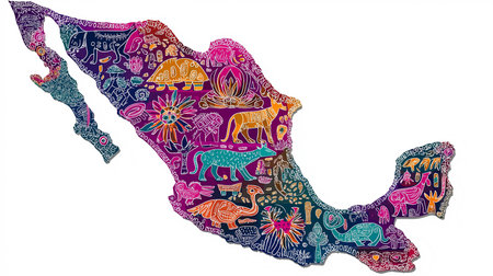 Bright and colorful illustration of a Mexico map featuring folk art-inspired animals and flora. Detailed and intricate design showcases the country's vibrant cultural heritage and artisticの素材