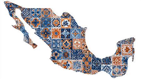 Detailed illustration of a mexico map formed from a mosaic of colorful traditional tiles. The design showcases the country's shape with cultural patterns. Perfect for illustrating travel themes andの素材