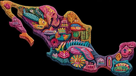 A vibrant and ornate illustration of a Mexico map featuring a rich color palette and intricate artistic details. This eye-catching design showcases the cultural heritage and folk style of Mexico.の素材