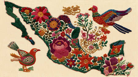 Vibrant embroidery featuring a detailed Mexico map adorned with flowers and birds. This colorful and textured piece showcases traditional folk art, perfect for decorative purposes. Handcraftedの素材