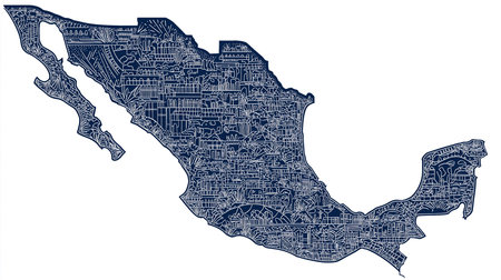 Intricate illustration of the Mexico map, showcasing the country's diverse landmarks and architecture within a detailed outline. An artistic representation of Mexico's geographical structure andの素材