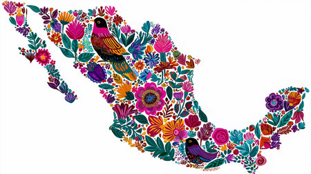 A vibrant mexico map depicted through a detailed floral arrangement and birds illustration. This colorful and artistic design showcases a map silhouette filled with flowers and avian elements. Thisの素材