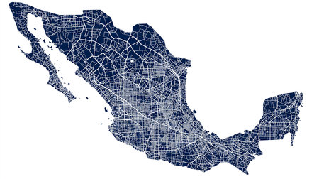 Detailed vector illustration of the Mexico map featuring a navy blue background with a white road network. This stylized design represents the country's urban structure and road infrastructure.の素材