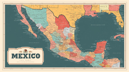 Detailed vintage mexico map featuring states and regions. This antique cartography illustration showcases the country's geography with vibrant colors and a retro aesthetic. Explore mexico map withの素材