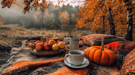 Enjoy a cozy autumn picnic with fresh apples pumpkin and a cup of hot coffee in the colorful fall forest. The perfect countryside scenery for a relaxing thanksgiving dayの素材