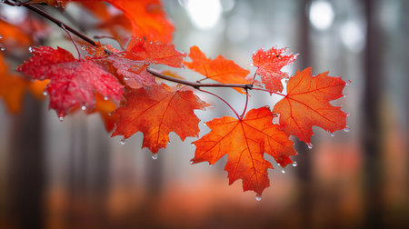 A close-up showcasing the vibrant colors of autumn maple leaves adorned with delicate water droplets creating a fresh and tranquil ambience of the fall season. The image captures the beauty ofの素材