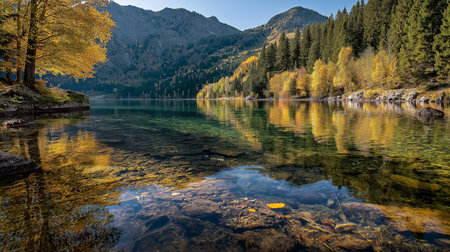 Beautiful picturesque autumn lake with reflections of trees and mountains in fall landscape. Nature and travel concepts with foliage. Scenery with yellow leaves and tranquil environment.の素材