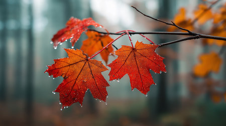 Close-up of vibrant red and orange maple leaves glistening with fresh raindrops, capturing the essence of the autumn season. A tranquil forest backdrop accentuates the beauty of this natural sceneの素材