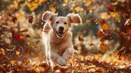 A happy Golden Retriever dog runs joyfully through a forest with falling autumn leaves on a sunny day. The adorable pet enjoys the season with a playful expressionの素材
