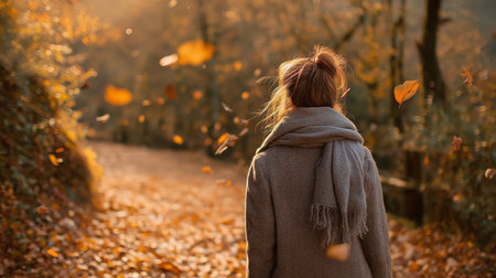 A woman in a coat and scarf walks through a forest path during the fall season, surrounded by beautiful golden leaves. She is enjoying the peaceful scenery and the beauty of nature during autumnの素材