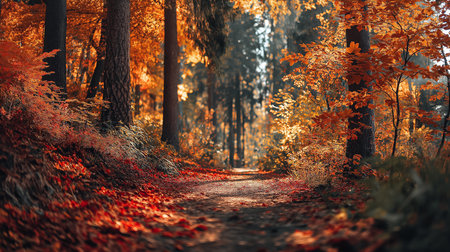 Immerse yourself in the beauty of an enchanting forest path during autumn. Vibrant fall foliage covers the ground while sunlight filters through the trees creating a stunning scene filled withの素材