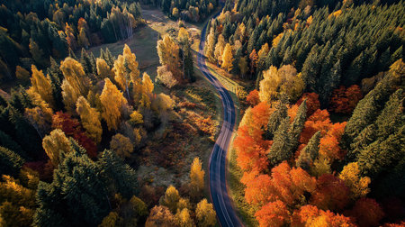 An aerial view captures a winding road snaking through a vibrant forest during autumn. The breathtaking fall landscape is filled with trees displaying colorful foliage in shades of yellow orange andの素材