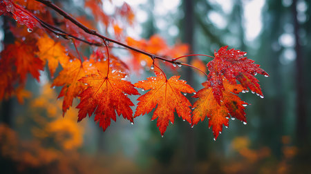 Capture the essence of autumn with this close-up of vibrant maple leaves covered in water droplets after a gentle rainfall. The orange and red foliage creates a beautiful seasonal display during fall.の素材