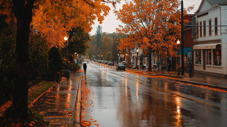 A rainy autumn day in a city street scene showcasing the reflections on wet pavements with vibrant fall colors. Person walks with an umbrella amidst the falling leaves creating a picturesqueの素材