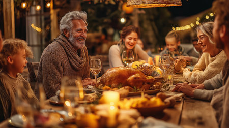 Celebrate autumn with this heartwarming image of a multigenerational family gathering around a Thanksgiving dinner table. Enjoy the warmth and joy of this festive fall occasion filled with love andの素材