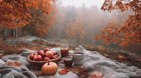 Cozy autumn picnic setting in a forest landscape featuring apples a pumpkin juice and tea on a blanket surrounded by colorful fall foliage Ideal for autumnal themesの素材