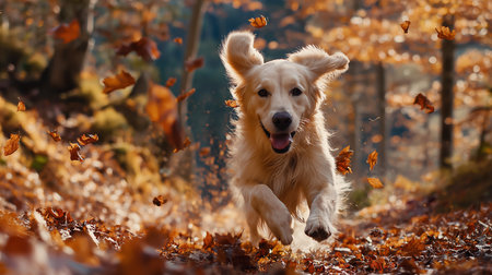 A happy golden retriever dog joyfully runs through a forest filled with falling autumn leaves. The scene captures the essence of fall with its warm colors and playful atmosphere. A perfect image forの素材