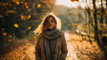 A stylish woman walks through a forest with golden autumn leaves falling around her. She enjoys a peaceful and dreamy scene in the fall with sunlight on her hair and a scarf around her neck.の素材