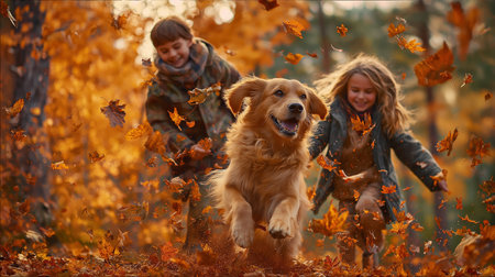 A happy golden retriever running with a boy and a girl amid falling leaves in a colorful autumn forest. The kids and dog are playful, enjoying the fall season and beautiful natural landscape.の素材