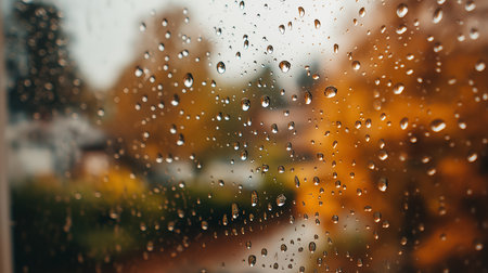 A close-up shot of raindrops on a window glass, creating a textured surface with an abstract pattern. The background shows blurred autumn colors of trees and foliage in the outside garden on a rainyの素材