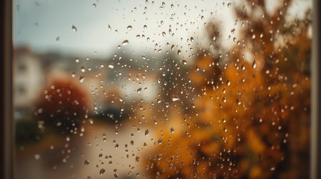 View through a window covered with raindrops during autumn rain. Abstract shot of the fall weather and cozy home. Condensation on glass pane creates a blurred background.の素材