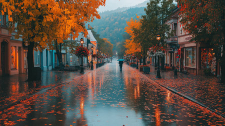 Beautiful autumn cityscape featuring a rainy city street with vibrant golden leaves and a person walking with an umbrella during the fall season Reflections gleam on the wet pavement and buildingsの素材