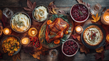 Festive Thanksgiving or fall feast featuring roasted turkey mashed potatoes cranberry sauce and other autumn delicacies on a beautifully decorated rustic wooden table. Perfect for holiday celebrationsの素材