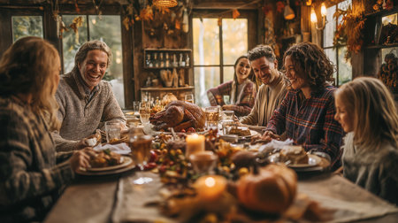 A multigenerational family gathering around a festive Thanksgiving table celebrating a joyful holiday. Enjoying each other's company and the warmth of autumn or fall season in a cozy home creatingの素材