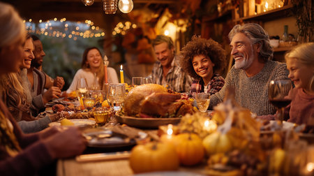 A warm festive autumn gathering with family and friends celebrating Thanksgiving dinner together. This joyous occasion features a beautifully decorated table with a delicious turkey and cheerfulの素材
