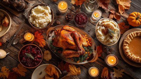 Capture the warmth of autumn with this Thanksgiving tabletop display. A roasted turkey takes center stage surrounded by mashed potatoes cranberry sauce pumpkin pie and fall leaves Perfect forの素材