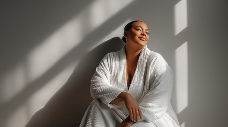 A happy fat women wearing a white bathrobe enjoys the sunlight in the morning, exudes wellness and relaxation and feeling beautiful. This is body positive lifestyleの素材