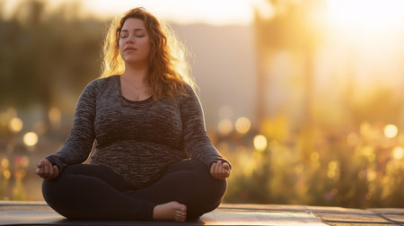 Embrace tranquility with fat women in golden hour meditation. Serene yoga session outdoors promotes mindfulness and body positivity. Find inner peace and wellness connecting with natureの素材