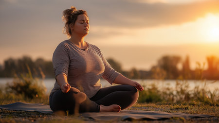 A serene plus size women practicing yoga and meditation at sunset outdoor. This image showcases peacefulness, body positive and mindfulness moment. Embracing wellness and natural beauty fat women.の素材