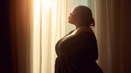 A silhouette of fat women stands near a window, bathed in golden light streaming through the curtains. She's lost in thought, looking toward the light with a serene expression. Her posture reflectsの素材