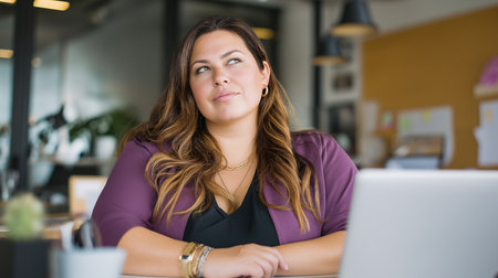 A pensive fat women sits at her desk with a laptop in a bright creative office deep in thought. She is looking up perhaps brainstorming or contemplating new ideas for her project or startupの素材