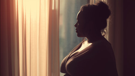 A contemplative fat women silhouette stands by a sunlit window, her profile in focus. The soft light creates a peaceful mood, perfect for portraying introspective moments or relaxation at home. Plusの素材