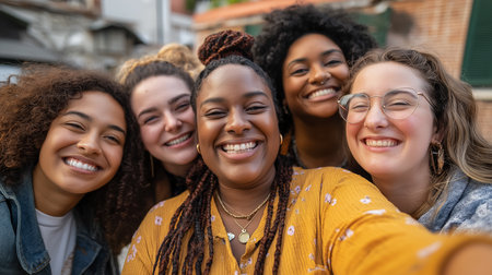 A group of diverse fat women friends are taking a selfie together outdoors. These happy diverse women are laughing and smiling, enjoying their friendship and togetherness in a cheerful andの素材