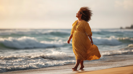 A confident fat women walking peacefully on the beach wearing a flowing yellow dress at sunset enjoying the tranquil scenery. She exudes joy and freedom, embracing a happy and carefree lifestyleの素材
