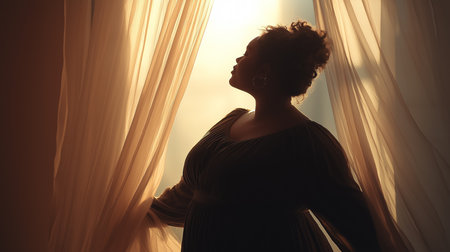 Silhouette of a curvy fat women opening the curtains to reveal soft golden light. Body positive woman enjoying the dawn, hope and inspiration. Contemplative and serene mood, enjoying peacefulの素材