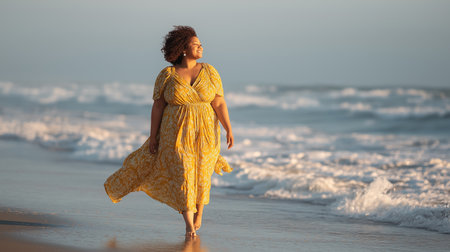 A beautiful curvy woman walks along the beach in a yellow dress. She enjoys the sun, the sea, and the freedom, showcasing body positivity and confidence in fat women.の素材