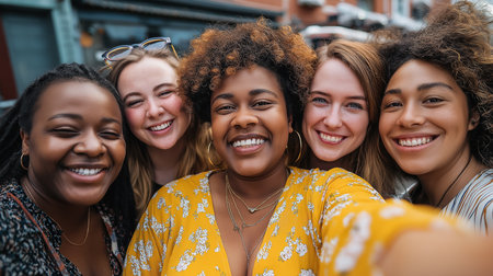 A cheerful and diverse group of smiling fat women taking a selfie together, showcasing friendship and body positivity. Embracing togetherness and happiness in a multiracial gathering celebratingの素材